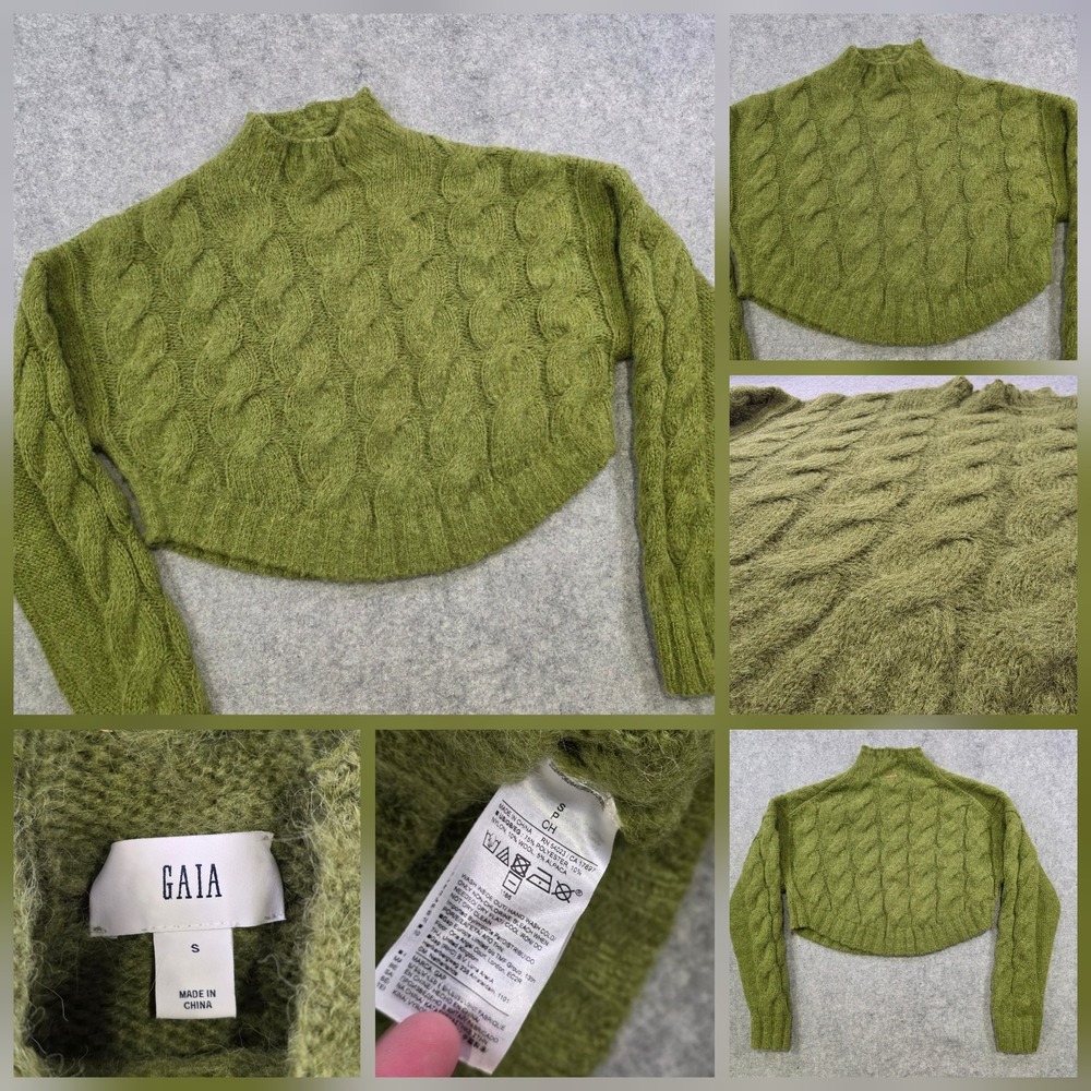 Cult GAIA X Gap Sweater Womens Small Green Alpaca Wool Cable Knit Mock Neck Crop
